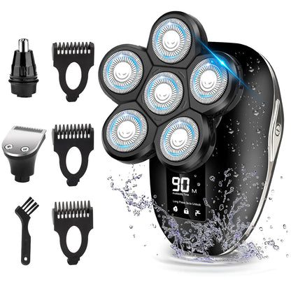 Electric Head Shaver for Bald Men 6 in 1 Mens Electric Head Razor Bald Head Shaver Cordless Electric Razor Men IPX7 Wet/Dry Waterproof Mens Rotary with Head Shaver Kit LED Display Silver