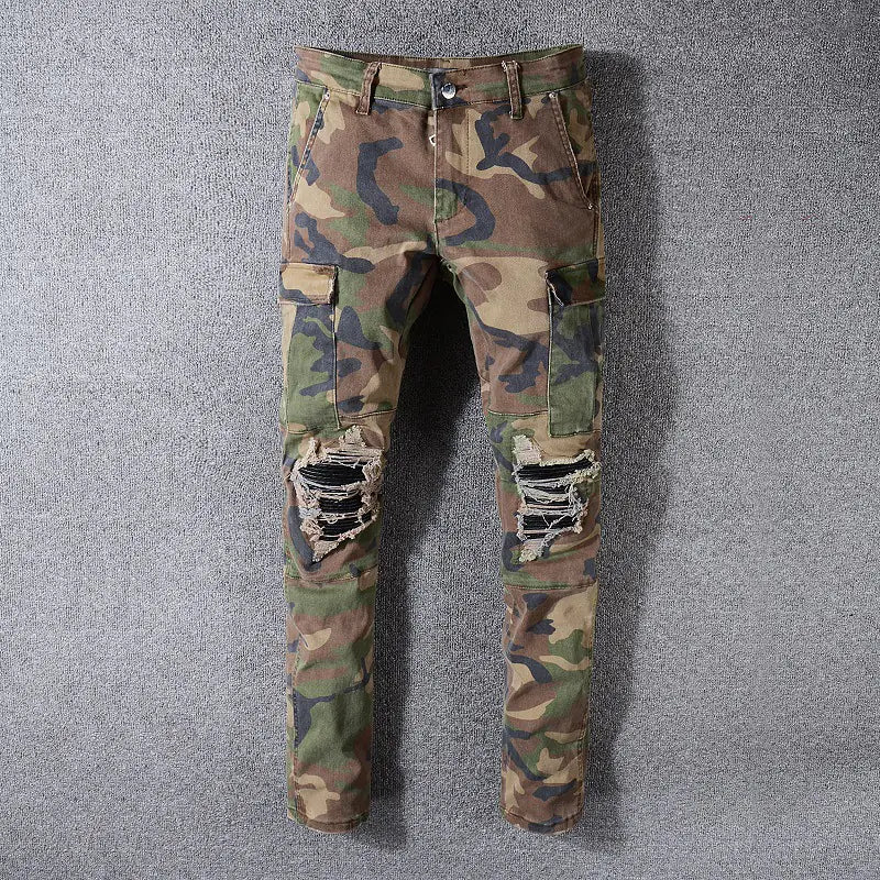 Men's Slim Fit Camouflage Ripped Denim Pants
