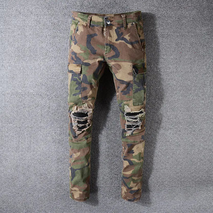 Men's Slim Fit Camouflage Ripped Denim Pants