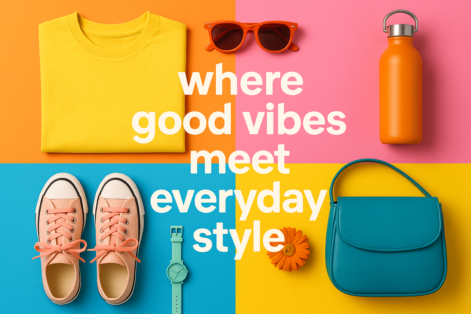 fun and colorful, "where good vibes meet everyday style" yeah can also add a simple product visuals